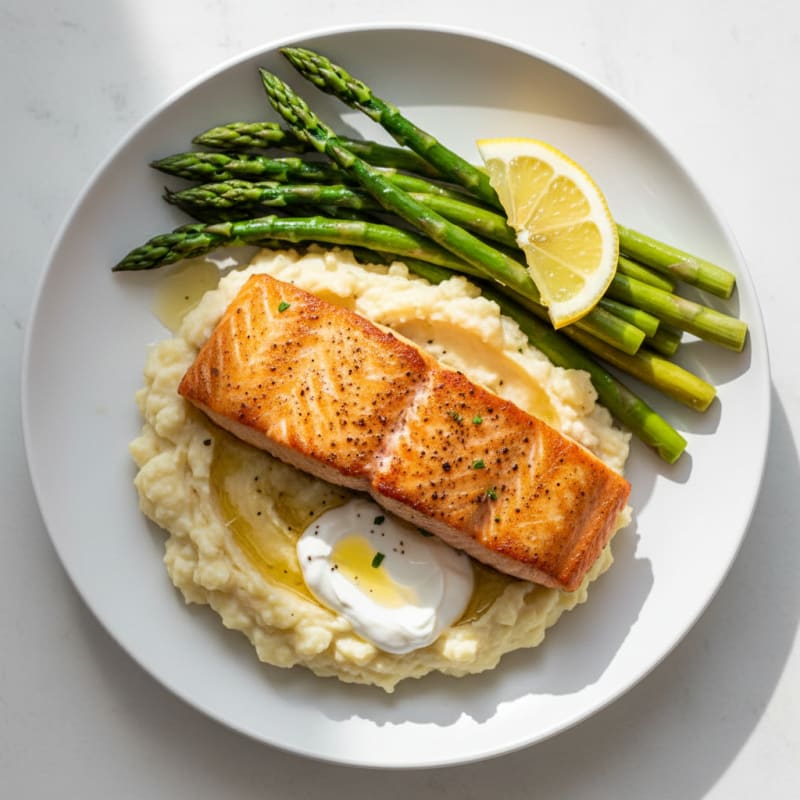 Seared Salmon with Steamed Asparagus and Garlic Mashed Cauliflower