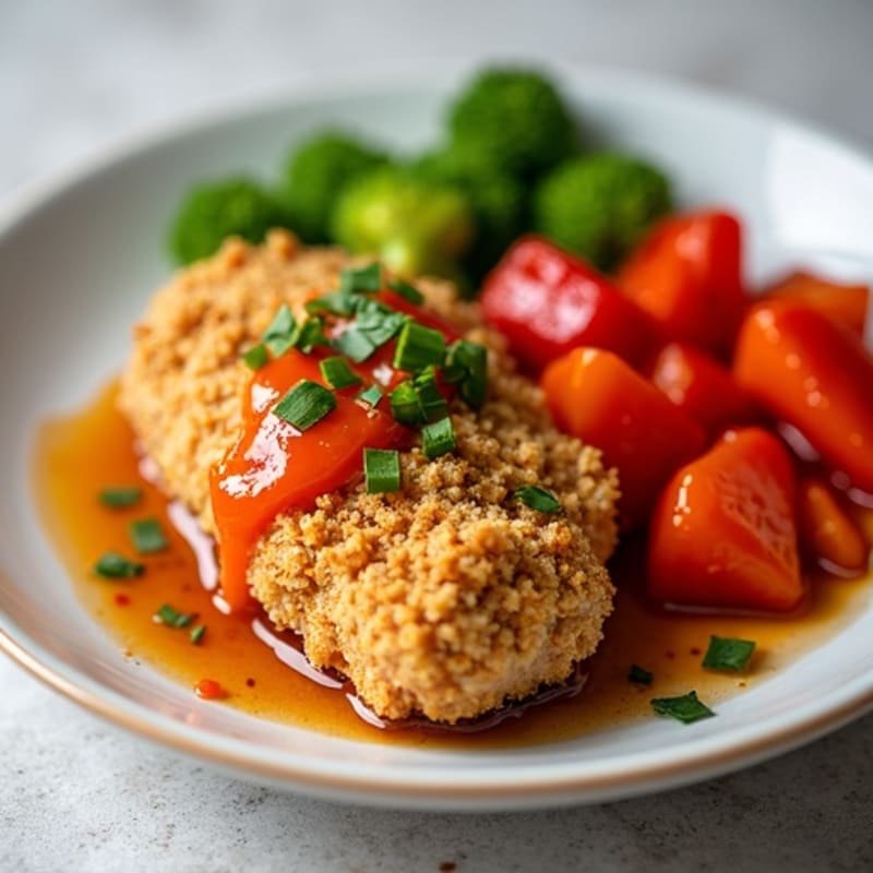 Crispy Baked Sweet and Sour Chicken with Roasted Bell Peppers