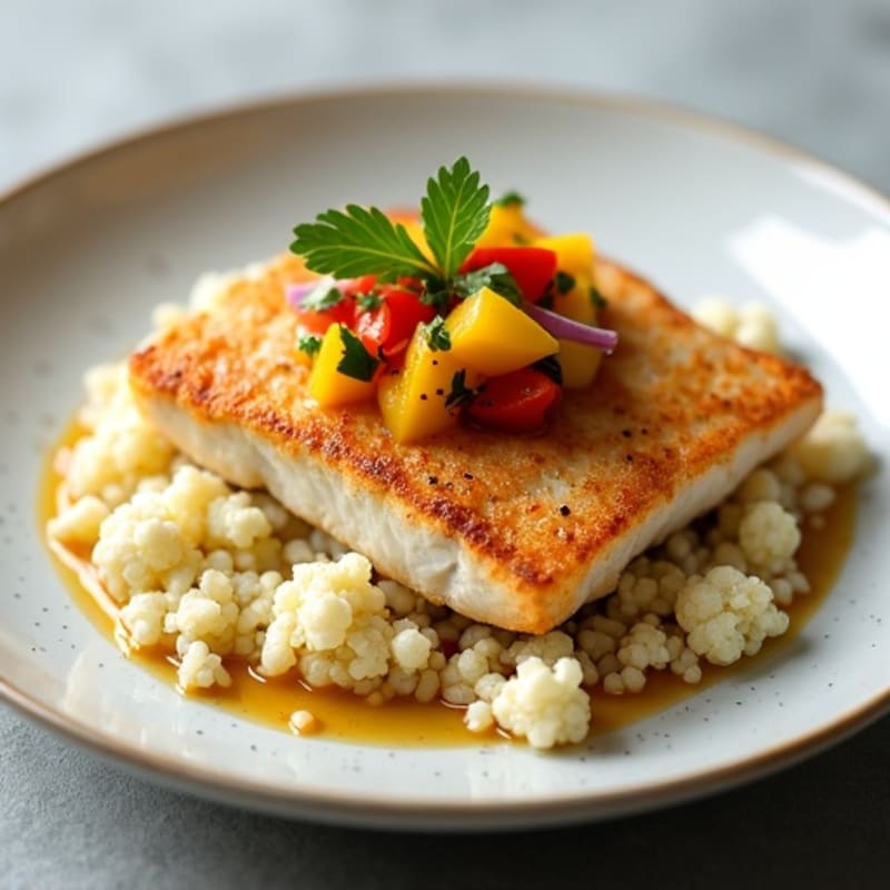 Crispy Pan-Seared Halibut with Vibrant Mango Salsa and Coconut Cauliflower Rice