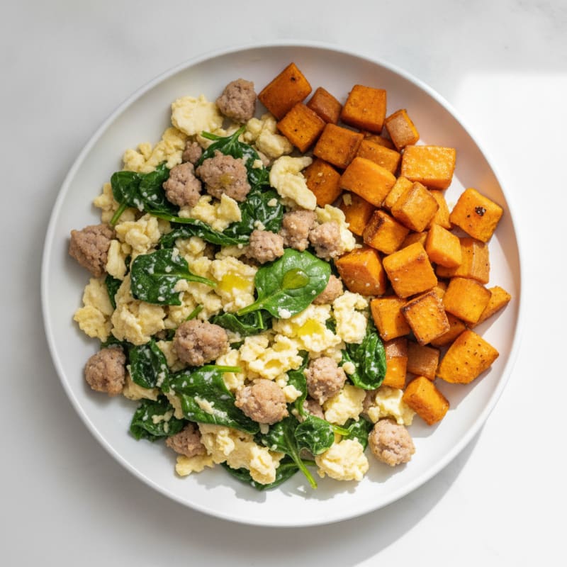 Egg White and Turkey Sausage Scramble with Spinach and Roasted Sweet Potato