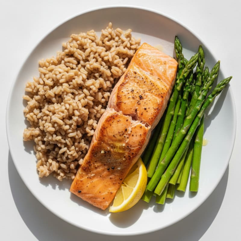 Seared Salmon Fillet with Steamed Asparagus and Brown Rice