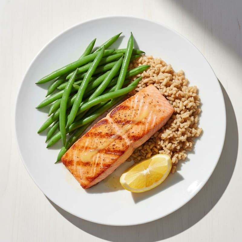 Seared Salmon Fillet with Steamed Green Beans and Brown Rice