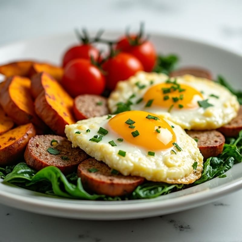 Egg White and Turkey Sausage Scramble with Spinach and Roasted Sweet Potato