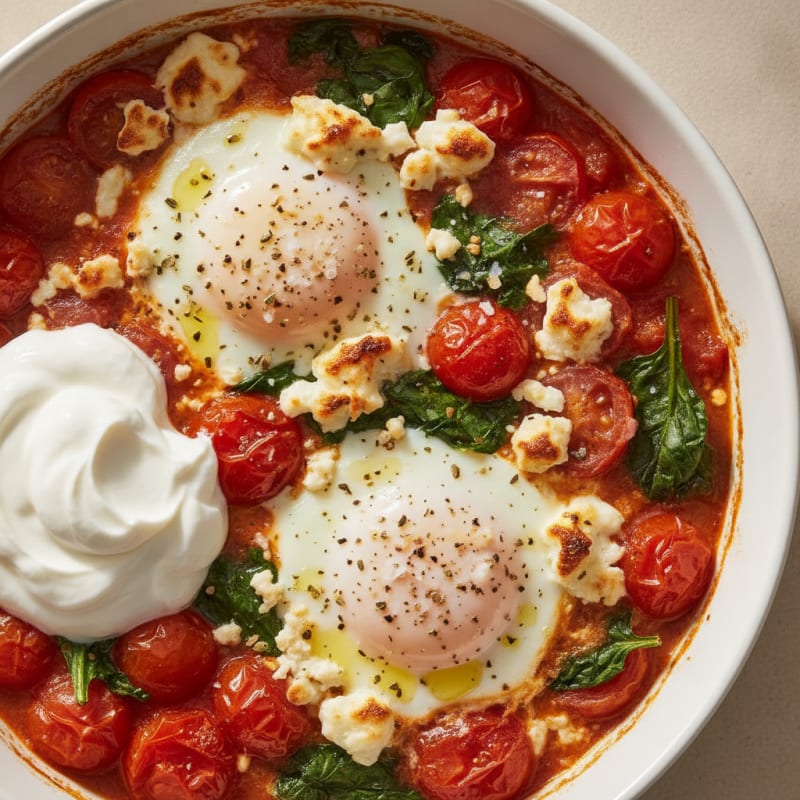 Baked Eggs with Roasted Tomatoes and Feta
