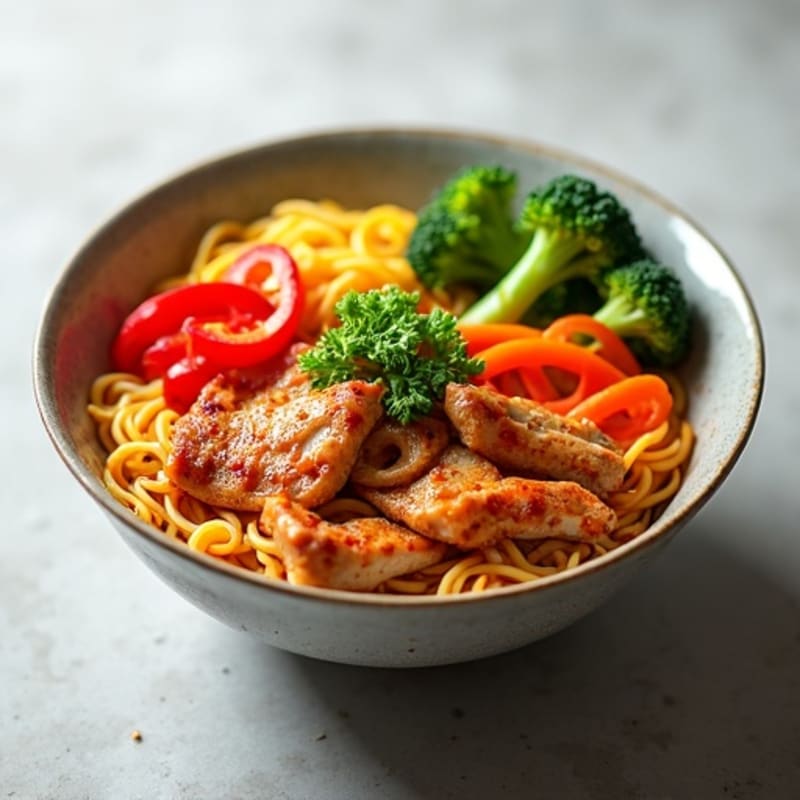 Spicy Sriracha Chicken Ramen Bowl with Fresh Vegetables