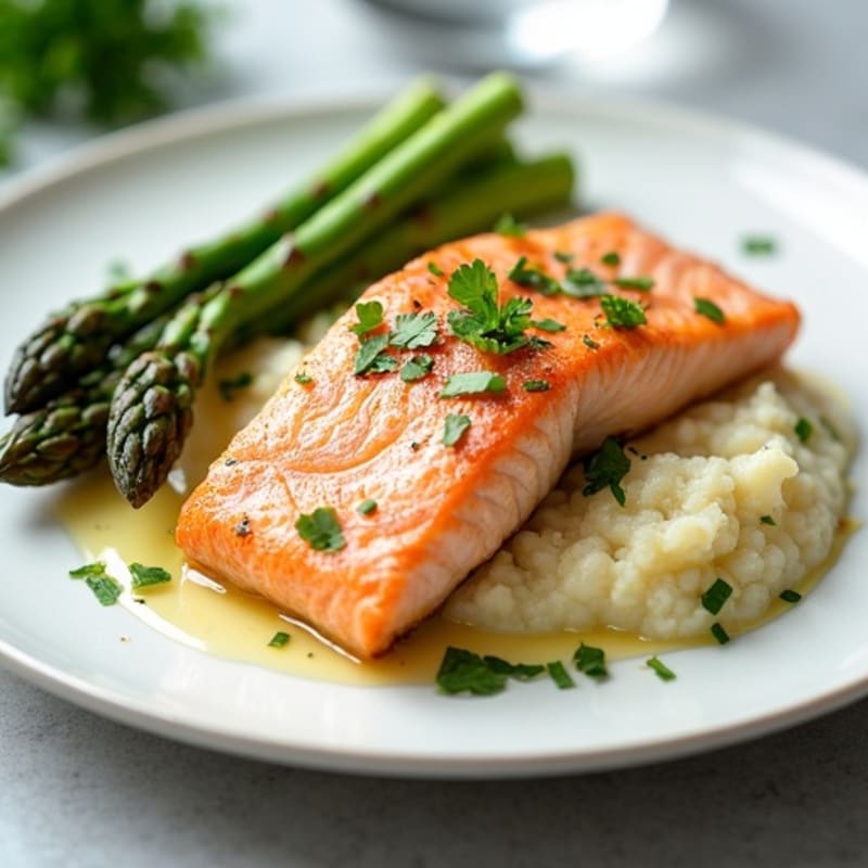 Seared Salmon Fillet with Steamed Asparagus and Cauliflower Mash