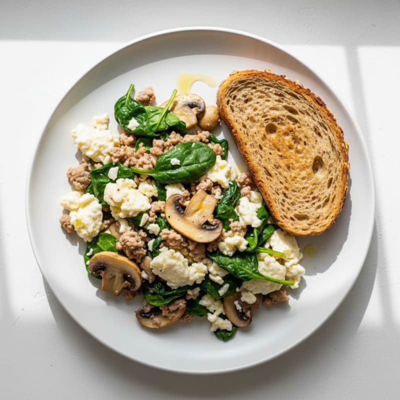 Egg White and Turkey Spinach Scramble with Sautéed Mushrooms