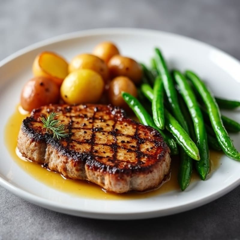 Garlic Butter Pan-Seared Steak with Roasted Potatoes and Fresh Green Beans