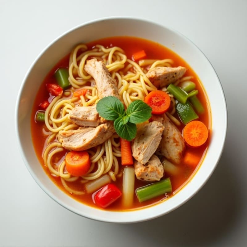Spicy Sriracha Chicken Noodle Soup with Fresh Vegetables