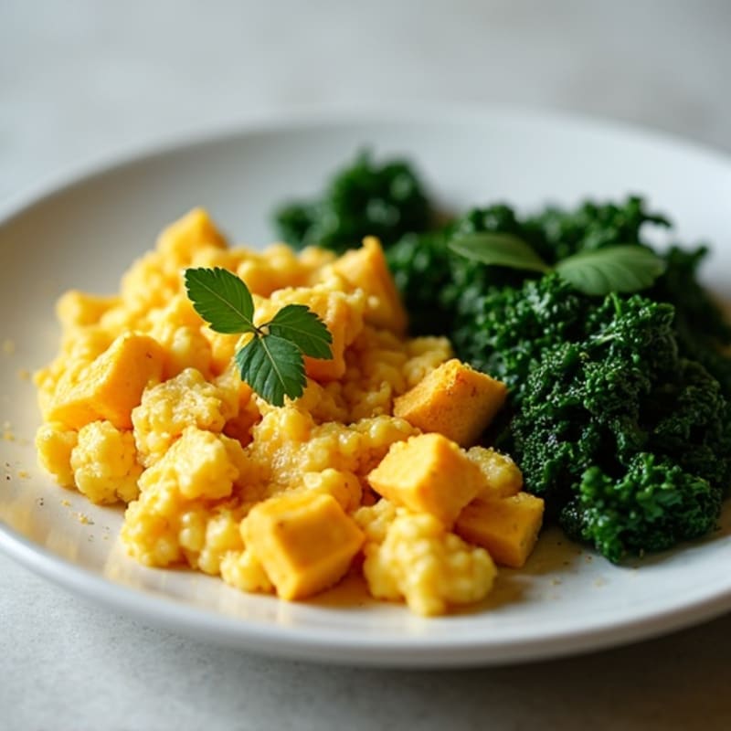 Creamy Tofu Scramble with Sautéed Spinach and Tempeh
