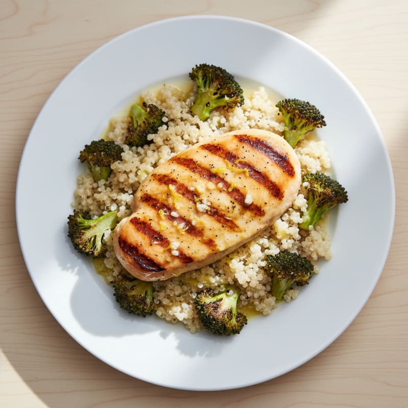 Grilled Lemon Garlic Chicken Breast with Quinoa and Roasted Broccoli