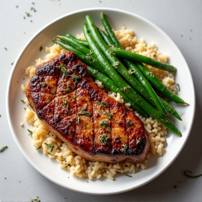 Crispy Pan-Seared Steak with Fluffy Brown Rice and Herb-Roasted Green Beans