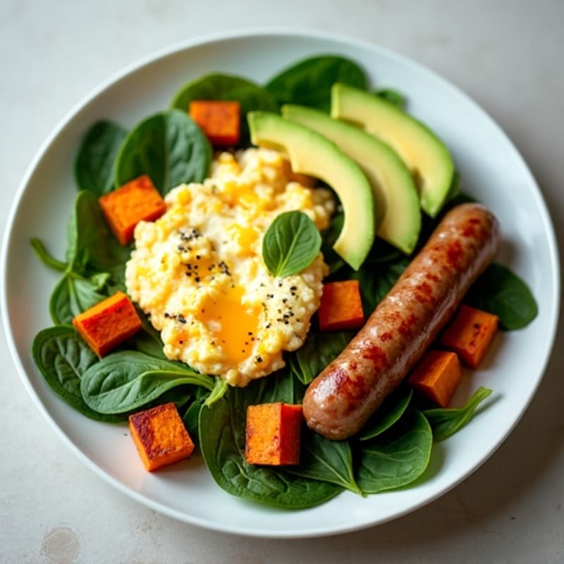Egg White and Turkey Sausage Scramble with Spinach and Sweet Potato