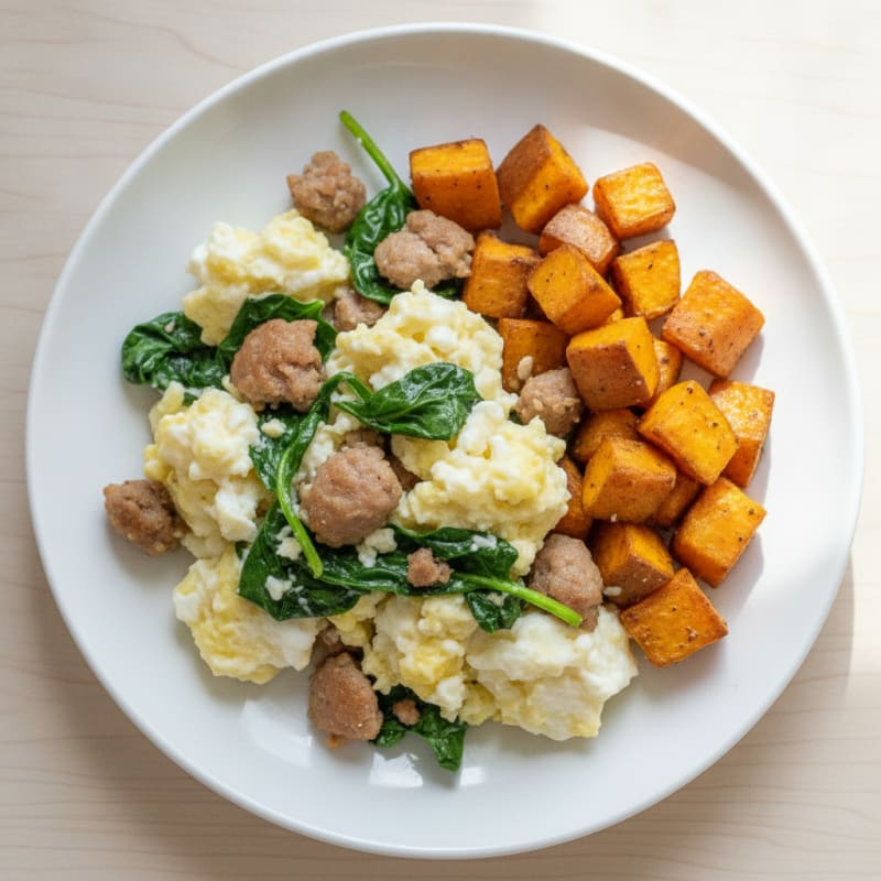 Egg White and Turkey Sausage Scramble with Spinach and Roasted Sweet Potatoes