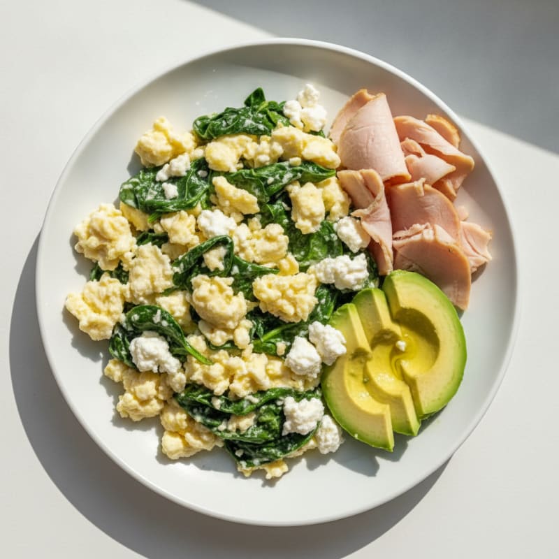 Egg White Spinach Scramble with Cottage Cheese and Sliced Turkey