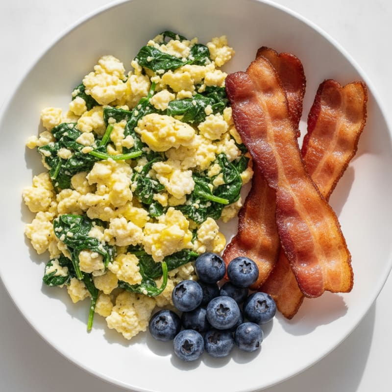 Cottage Cheese Scramble with Turkey Bacon and Spinach