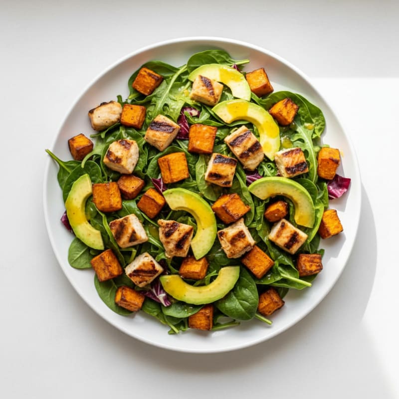 Grilled Chicken and Avocado Salad with Roasted Sweet Potato