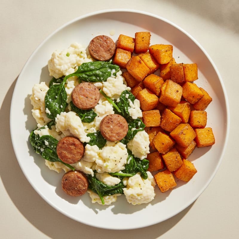 Egg White and Turkey Sausage Scramble with Spinach and Roasted Sweet Potatoes