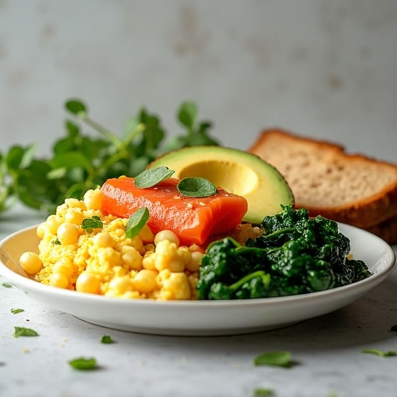 Egg White and Smoked Salmon Scramble with Sautéed Spinach, Toast & Avocado