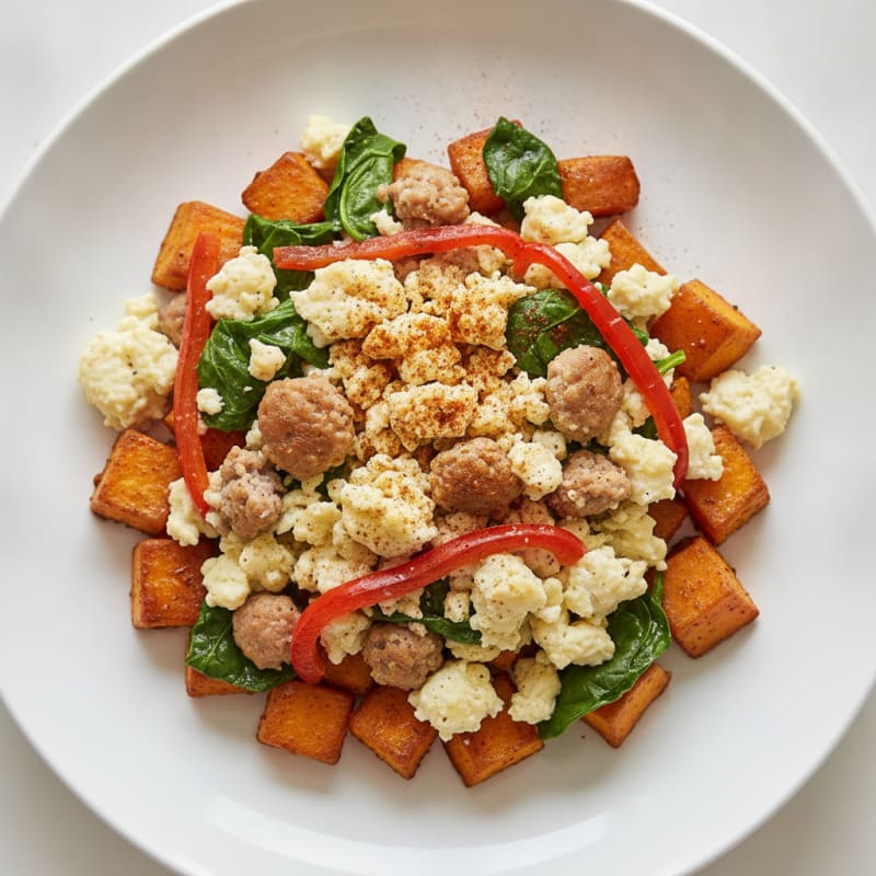 Egg White and Turkey Sausage Scramble with Roasted Sweet Potatoes