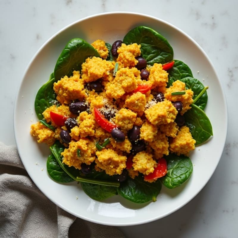 Fluffy Turmeric Tofu Scramble with Black Beans and Spinach