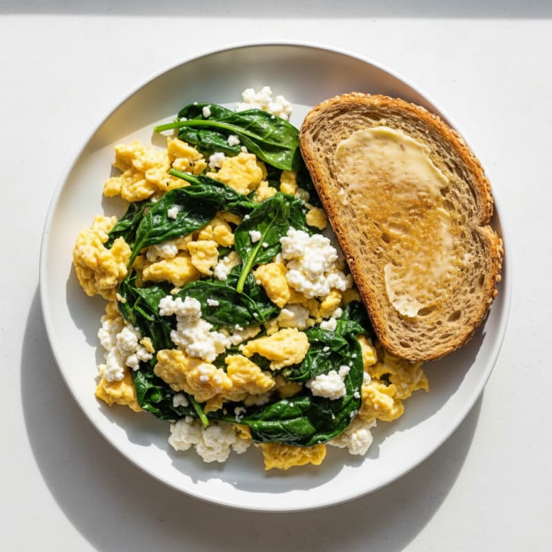 Scrambled Eggs with Cottage Cheese and Sautéed Spinach