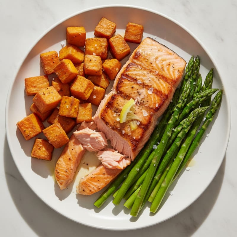 Seared Salmon with Roasted Sweet Potatoes and Asparagus