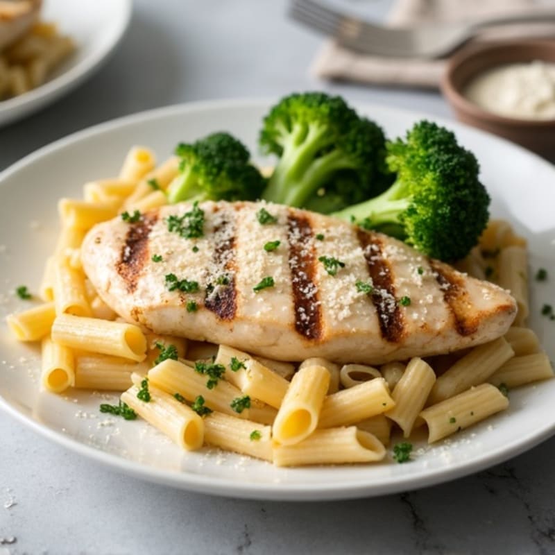 Healthy Creamy Chicken Alfredo with Roasted Broccoli