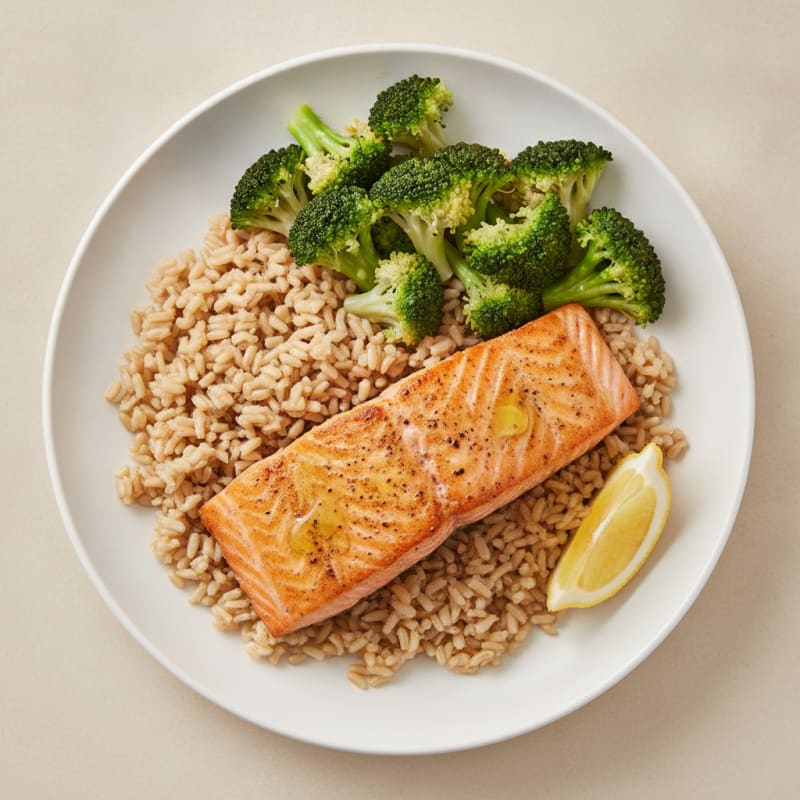 Seared Salmon Fillet with Steamed Broccoli and Brown Rice