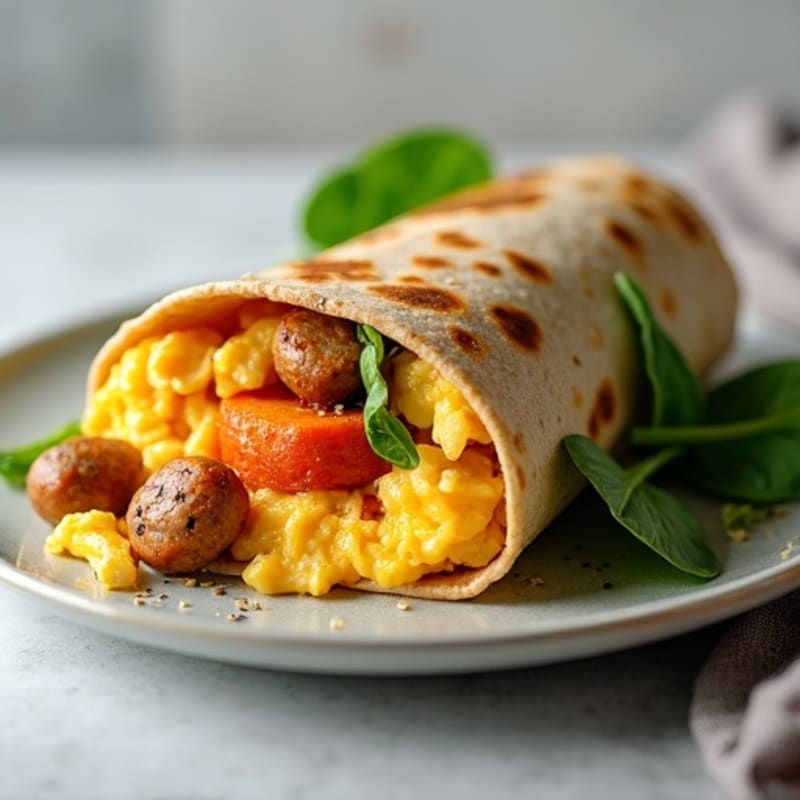Savory Egg and Chicken Sausage Breakfast Burrito with Roasted Sweet Potatoes