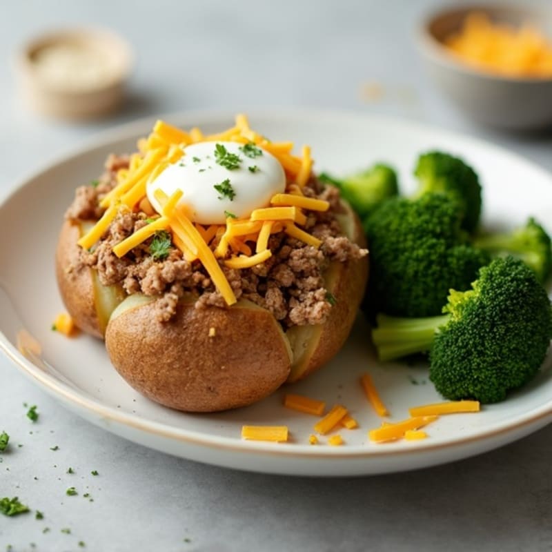 Hearty Lean Ground Turkey Loaded Baked Potato with Crispy Roasted Broccoli