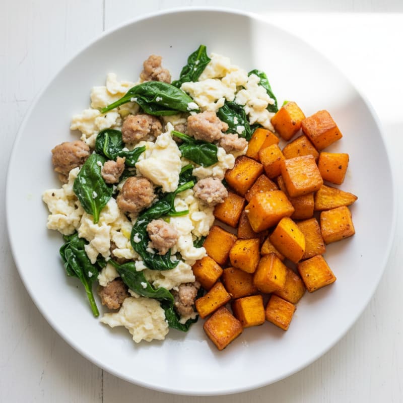 Egg White and Turkey Sausage Scramble with Spinach and Roasted Sweet Potato