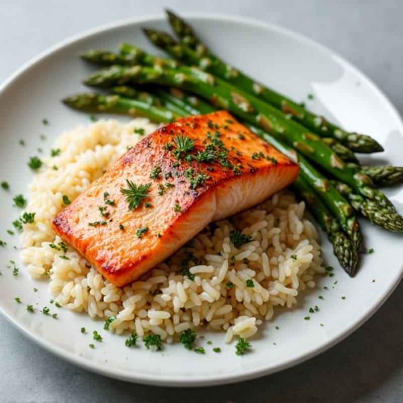 Pan-Seared Salmon with Herbed Rice and Roasted Asparagus