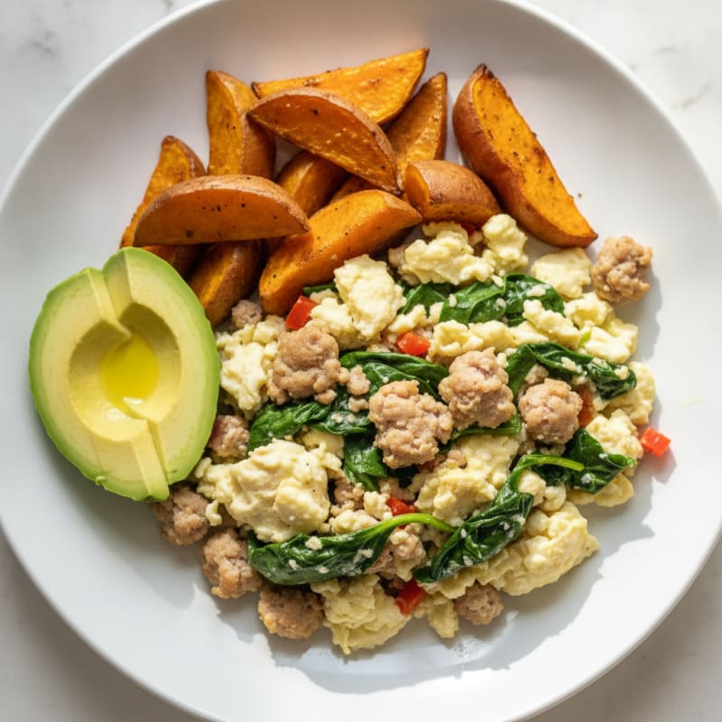 Egg White and Turkey Sausage Scramble with Roasted Sweet Potatoes