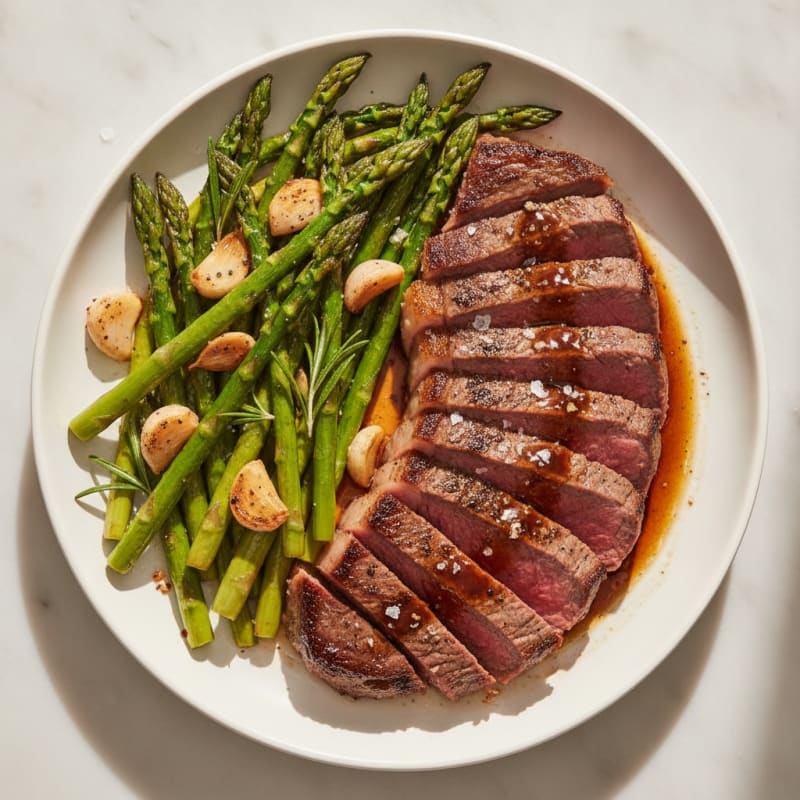 Pan-Seared Grass-Fed Sirloin with Roasted Garlic Asparagus