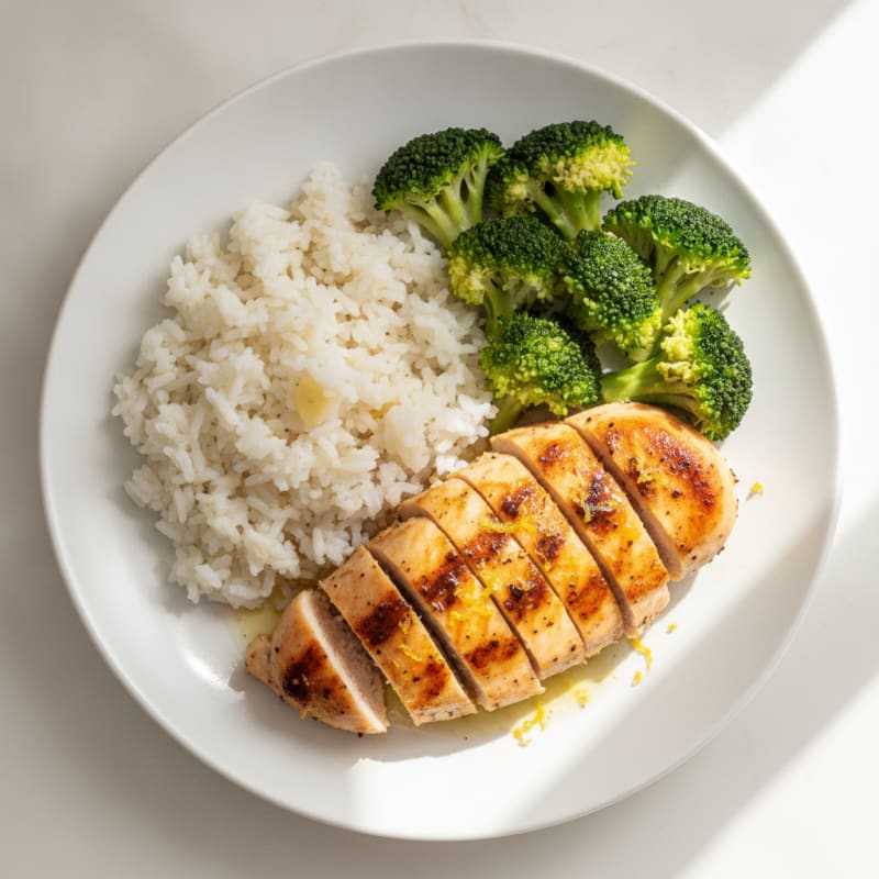 Grilled Chicken Breast with Steamed Broccoli and Rice