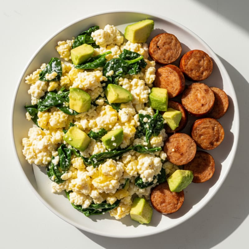 Cottage Cheese Scramble with Spinach and Chicken Sausage
