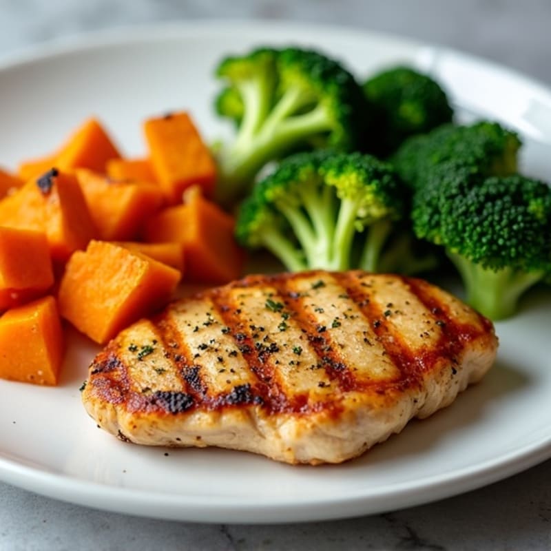Grilled Chicken Breast with Roasted Sweet Potato and Steamed Broccoli