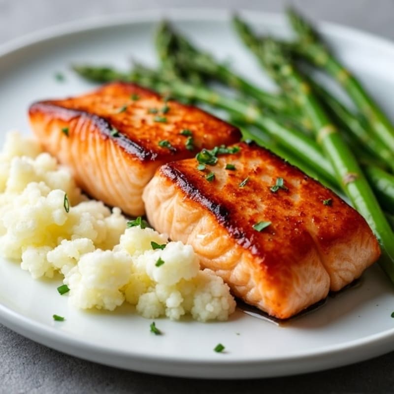 Seared Salmon with Steamed Asparagus and Garlic Mashed Cauliflower