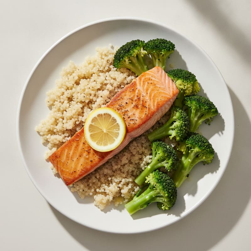 Seared Salmon with Steamed Broccoli and Quinoa