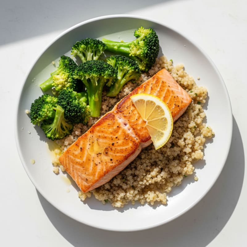 Seared Salmon with Steamed Broccoli and Quinoa