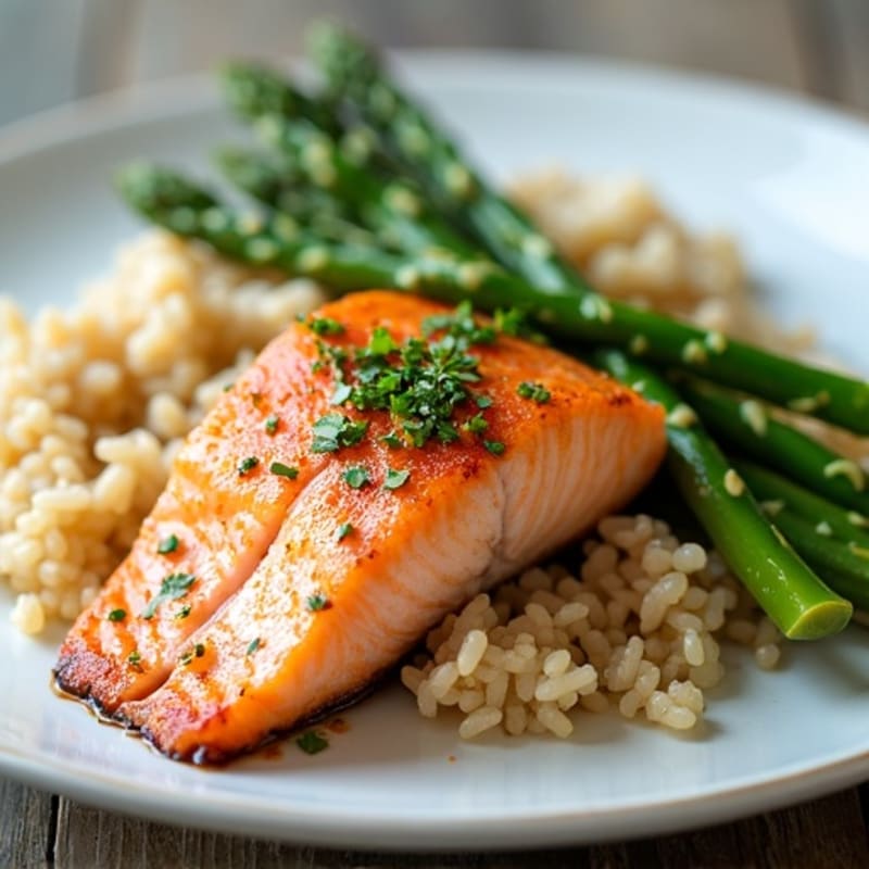 Seared Salmon with Steamed Asparagus and Brown Rice