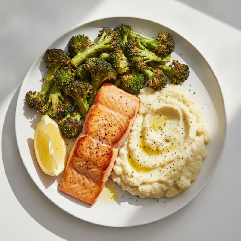 Seared Salmon with Roasted Broccoli and Garlic Mashed Cauliflower