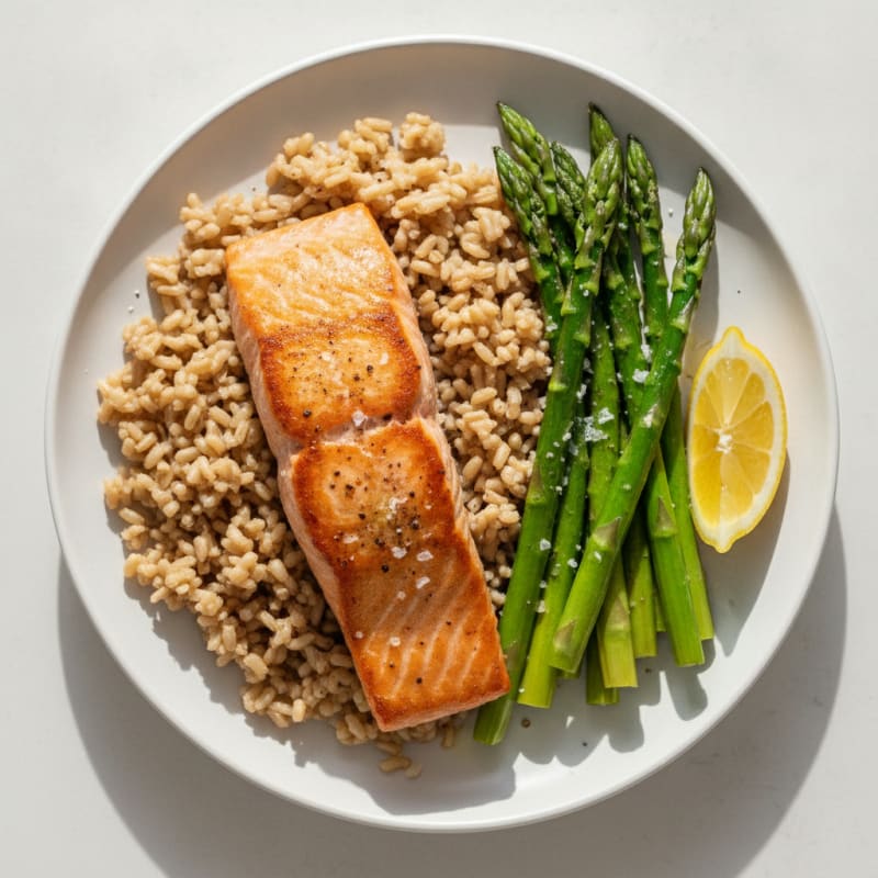 Seared Salmon Fillet with Steamed Asparagus and Brown Rice