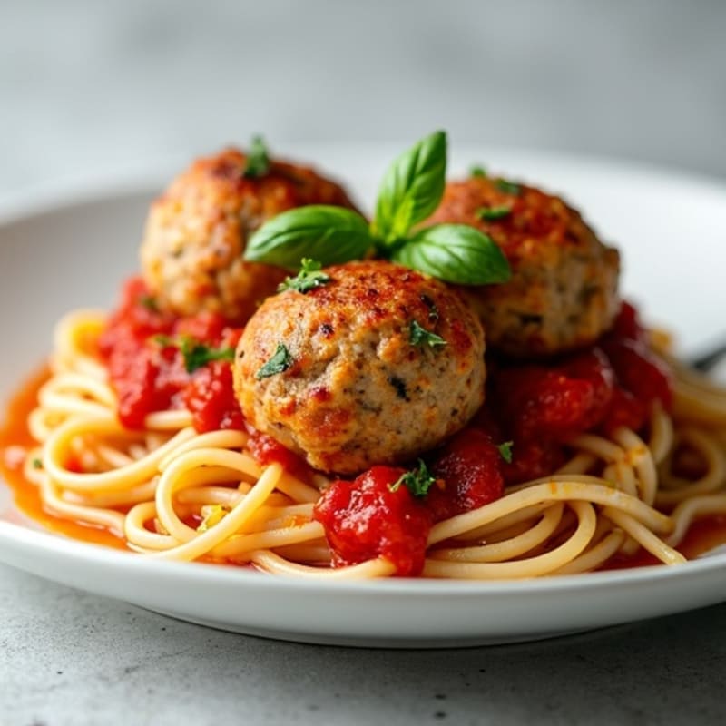 Baked Lean Turkey Meatballs with Whole Wheat Spaghetti and Robust Tomato Sauce