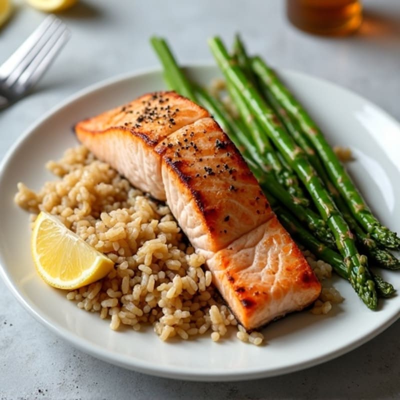 Seared Salmon with Steamed Asparagus and Brown Rice