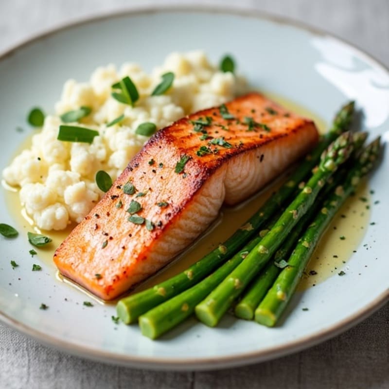 Seared Salmon with Steamed Asparagus and Cauliflower Mash