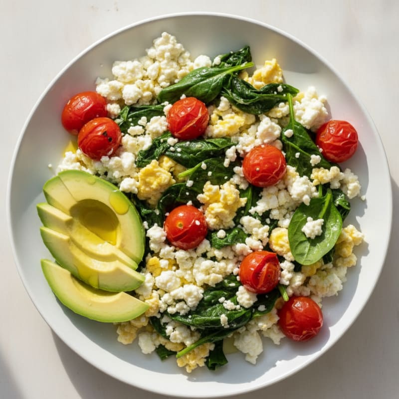 Cottage Cheese Egg White Scramble with Spinach and Cherry Tomatoes