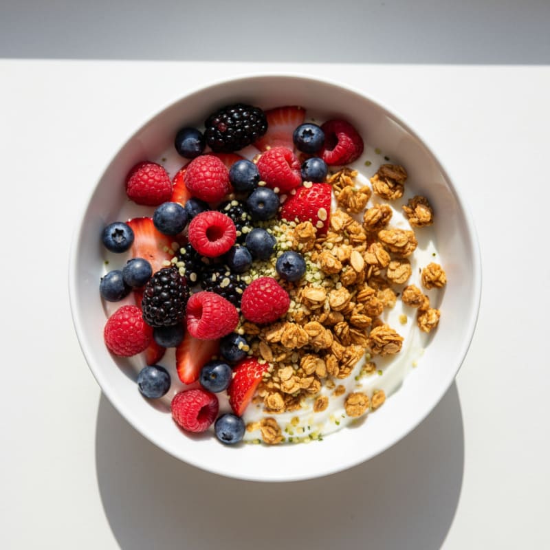 Greek Yogurt Bowl with Mixed Berries and Crunchy Almond Granola