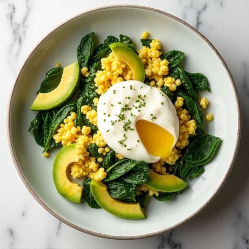 Egg White Spinach Scramble with Cottage Cheese and Sliced Avocado